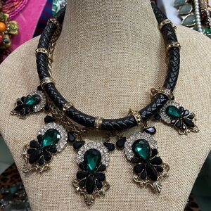 Leather Band Big Rhinestones Chunky Necklace
